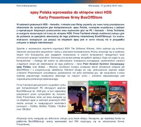 epay Polska wprowadza do sklepów sieci HDS Karty Prezentowe firmy BoxOffStore