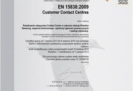 Centrum Obsługi Samsung odnowiło certyfikat zgodności z normą EN 15838:2009