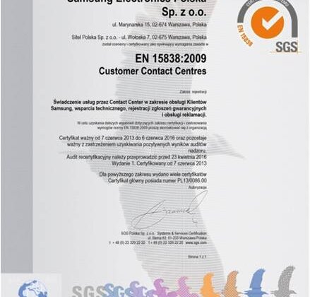 Centrum Obsługi Samsung odnowiło certyfikat zgodności z normą EN 15838:2009