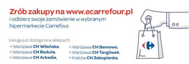Już 2,5 miliona osób w zasięgu click&collect sklepu internetowego Carrefour handel, internet - Już nie tylko mieszkańcy Krakowa mogą korzystać z usługi click&collect w sklepie internetowym eCarrefour.pl. Sieć udostępniła właśnie możliwości darmowego odbioru wszystkich zamówionych towarów w 5 hipermarketach w Warszawie. Tym samym całkowity zasięg usługi click&collect sklepu Carrefour sięgnął blisko 2,5 miliona osób. Pozostali klienci sklepu eCarrefour.pl mogą skorzystać z usług kurierskich w jednej cenie 9,99 zł, bez względu na wielkość i miejsce dostarczenia produktu.