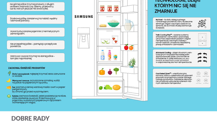 Jak przechowywać żywność w lodówce [infografika] styl życia, zainteresowania, hobby - W naszych kuchniach każdego roku marnuje się zbyt dużo jedzenia. Jednym z powodów są nieodpowiednie warunki, w których ją przechowujemy. Wystarczy zmiana kilku nawyków oraz edukacja na temat właściwego przechowywania różnych grup produktów spożywczych w lodówce, by zachować świeżość, wartości odżywcze oraz apetyczny wygląd naszego jedzenia. Firma Samsung przedstawia proste rady i nowoczesne technologie, dzięki którym żywność w Twojej lodówce będzie świeża i pełna wartości odżywczych.