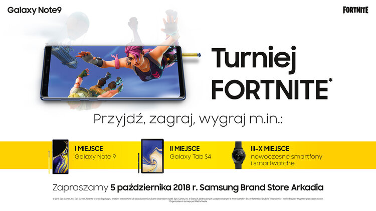 Samsung zaprasza na Fortnite Challenge w CH Arkadia nowe produkty, usługi, wydarzenia - Najnowsze urządzenia marki Samsung, w tym m.in. smartfon Galaxy Note9 oraz Galaxy A7, tablet Galaxy Tab S4 czy smartwatch Galaxy Watch będzie można zdobyć w turnieju Fortnite organizowanym 5 października w Samsung Brand Store w warszawskim centrum handlowym Arkadia.