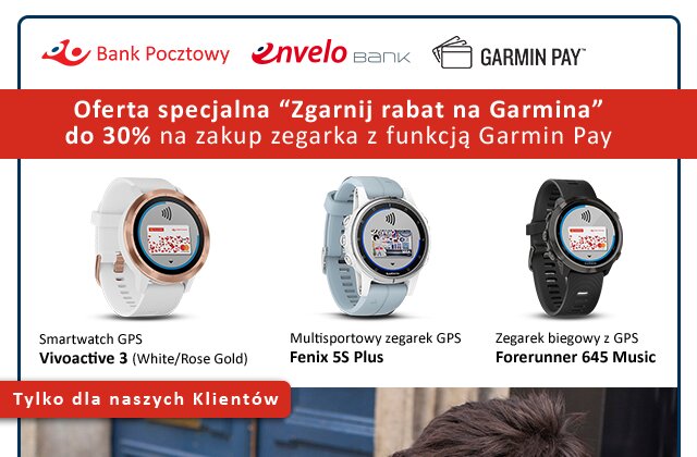 Wybrane modele zegarków Garmin dla klientów Banku Pocztowego tańsze o 30%. Akcja ma celu popularyzację płatności mobilnych i wsparcie pozyskiwania nowych klientów technologie, media/marketing/reklama - Klienci Banku Pocztowego mogą teraz otrzymać kod rabatowy, obniżający cenę wybranych modeli zegarków Garmin o 30%.  Wystarczy do końca roku zalogować się co najmniej raz do bankowości internetowej bądź mobilnej, dokonać co najmniej jednej transakcji kartą debetową, a także wyrazić zgodę na otrzymywanie wyciągów w formie elektronicznej.